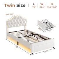 Sikaic Bed Frame Twin Size Velvet Princess Platform RGB LED Bed with Storage Drawers and Adjustable Crystal Button Headboard Creamy White White / Twin Size / Engineered Wood