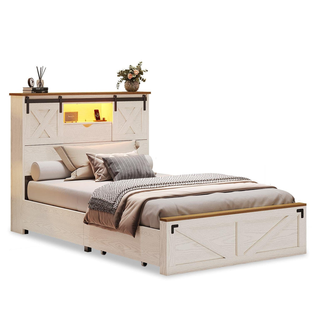 Sikaic Bed Twin Size Bed Frame with 2 Storage Drawers and LED Lights White White / Twin / Engineered Wood