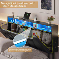 Sikaic Beds & Bed Frames Floating Upholstered Leather Platform Bed Frame with LED Lights Storage Headboard and Charging Station Black
