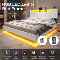 Sikaic Beds & Bed Frames Floating Upholstered Leather Platform Bed Frame with LED Lights Storage Headboard and Charging Station White