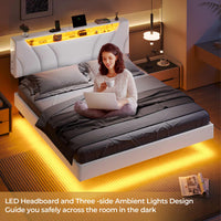 Sikaic Beds & Bed Frames Floating Upholstered Leather Platform Bed Frame with LED Lights Storage Headboard and Charging Station White