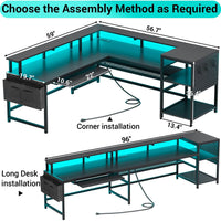 Sikaic L Shaped Reversible LED Gaming Desk with Power Outlets Strip Monitor Shelf Keyboard Tray Pegboard and Storage Shelves Black
