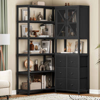 Sikaic Bookshelf 6 Tier Industrial Convertible L Shaped Corner Bookshelf with 6 Fabric Drawers Black Black / Engineered Wood / Modern