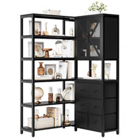 Sikaic Bookshelf 6 Tier Industrial Convertible L Shaped Corner Bookshelf with 6 Fabric Drawers Black Black / Engineered Wood / Modern