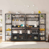 Sikaic Coffee Bar Coffee Bar Bakers Rack with Power Outlet Kitchen Microwave Stand Wire Basket Metal Grid Wine Rack Goblet Holder Hooks Black