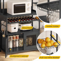 Sikaic Coffee Bar Coffee Bar Bakers Rack with Power Outlet Kitchen Microwave Stand Wire Basket Metal Grid Wine Rack Goblet Holder Hooks Black