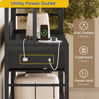 Sikaic Coffee Bar Coffee Bar Bakers Rack with Power Outlet Kitchen Microwave Stand Wire Basket Metal Grid Wine Rack Goblet Holder Hooks Black