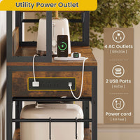 Sikaic Coffee Bar Coffee Bar Bakers Rack with Power Outlet Kitchen Microwave Stand Wire Basket Metal Grid Wine Rack Goblet Holder Hooks Brown