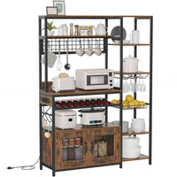 Sikaic Coffee Bar Coffee Bar Bakers Rack with Power Outlet Kitchen Microwave Stand Wire Basket Metal Grid Wine Rack Goblet Holder Hooks Brown