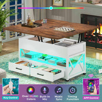 Sikaic Coffee Table 40 Inches Lift Top 4 in 1 LED Coffee Table with 2 Drawers White Brown White Brown / Engineered Wood / Modern