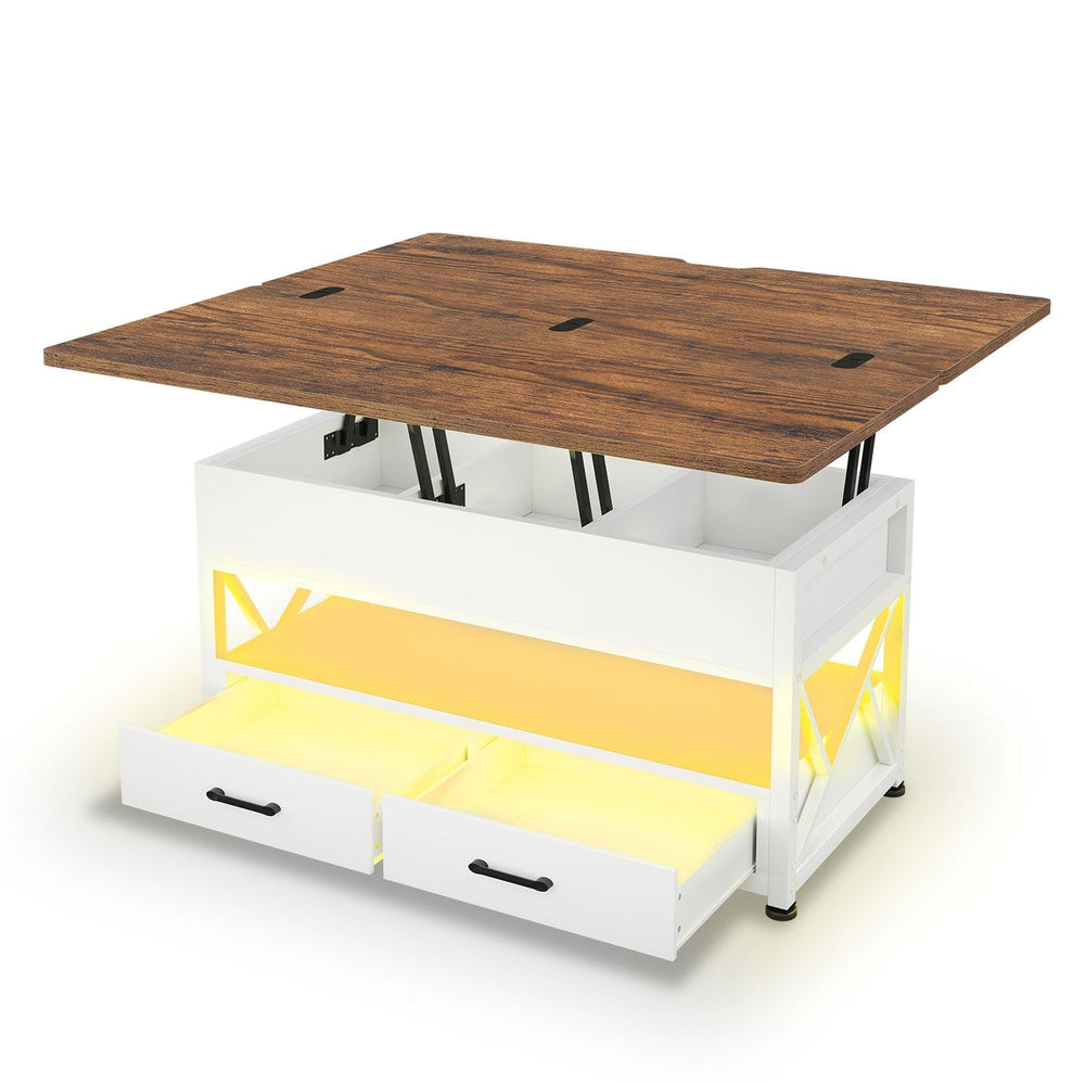 Sikaic Coffee Table 40 Inches Lift Top 4 in 1 LED Coffee Table with 2 Drawers White Brown White Brown / Engineered Wood / Modern