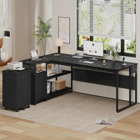 Sikaic Computer Desk 71 in Reversible L Shaped Executive Desk with Mobile File Cabinet and Power Outlets Black Black / Engineered Wood / Modern