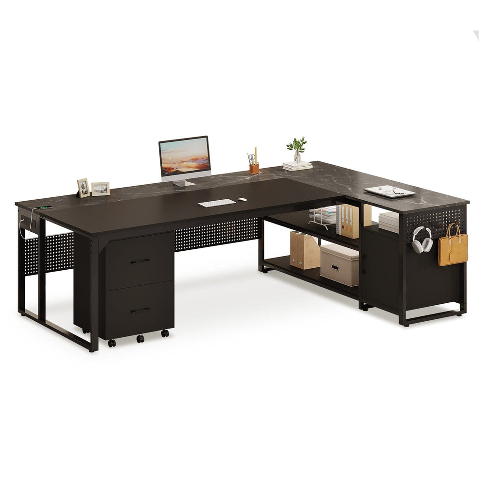 Sikaic Computer Desk 71 in Reversible L Shaped Executive Desk with Mobile File Cabinet and Power Outlets Black Black / Engineered Wood / Modern