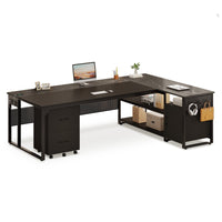 Sikaic Computer Desk 71 in Reversible L Shaped Executive Desk with Mobile File Cabinet and Power Outlets Black Black / Engineered Wood / Modern