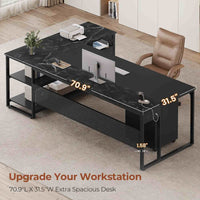 Sikaic Computer Desk 71 in Reversible L Shaped Executive Desk with Mobile File Cabinet and Power Outlets Black Black / Engineered Wood / Modern