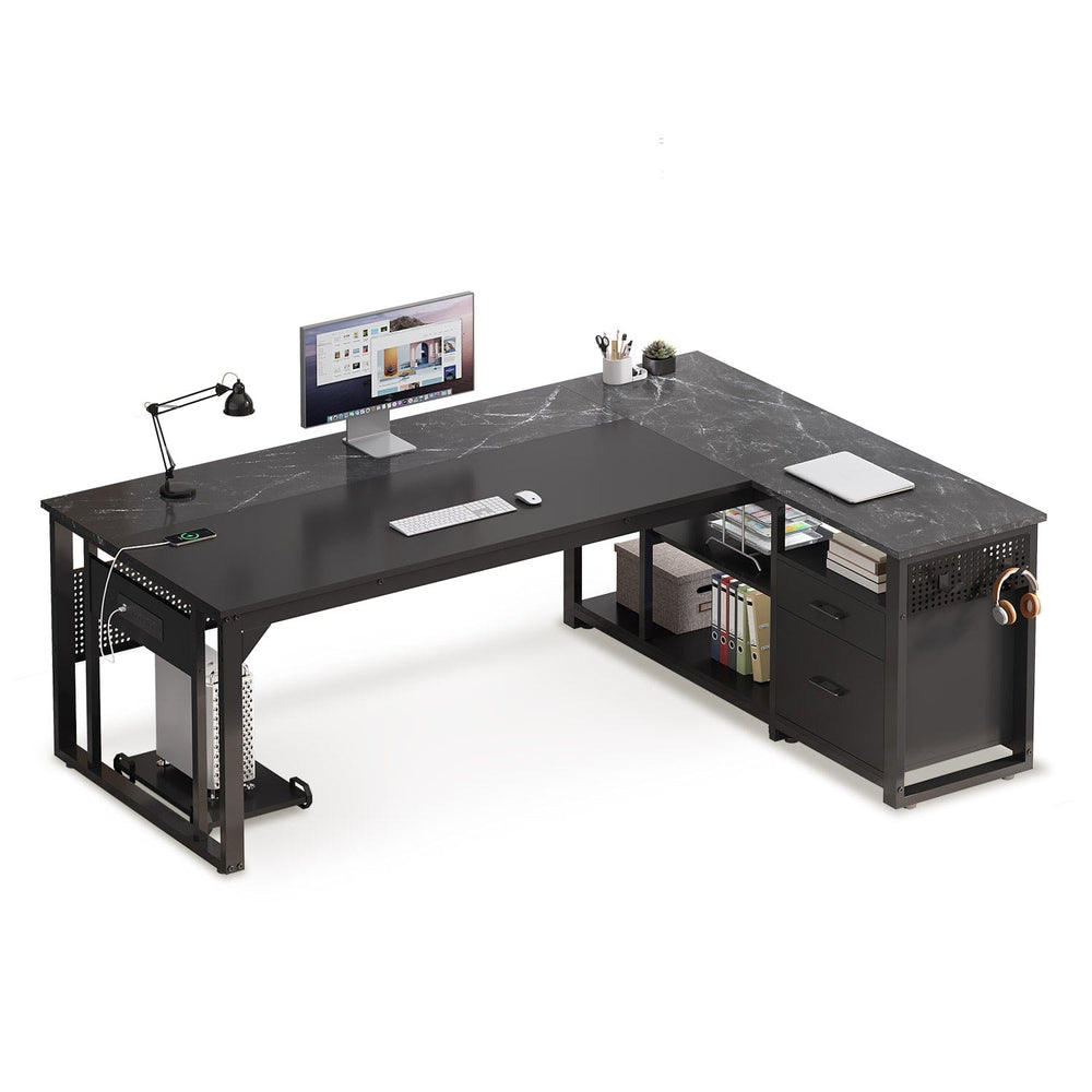 Sikaic Computer Desk 71 in Reversible L Shaped Executive Desk with Power Outlets Black Black / Engineered Wood / Modern