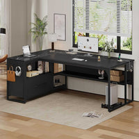 Sikaic Computer Desk 71 in Reversible L Shaped Executive Desk with Widen File Drawers and Power Outlets Black Black / Engineered Wood / Modern