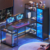 Sikaic Computer Desk Computer Desk with Storage Shelves 59 inches Office Desk with LED Light and Bookshelf Storage Shelves for Home Office Desk with Display Cabinet Black