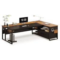 Sikaic Computer Desk 71 in Reversible L Shaped Executive Desk with Widen File Drawers and Power Outlets Brown Brown / Engineered Wood / Modern