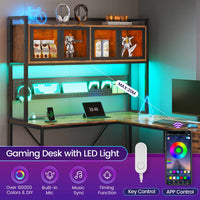 Sikaic Computer Desk LED L Shaped Computer Desk 62 inches Reversible L Shaped Desk with Storage Drawers Hutch and Pegboard Corner Desk with Power Outlet for Home Office Rustic Brown