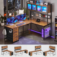 Sikaic Computer Desk LED L Shaped Computer Desk 62 inches Reversible L Shaped Desk with Storage Drawers Hutch and Pegboard Corner Desk with Power Outlet for Home Office Rustic Brown
