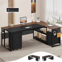 Sikaic Computer Desk 71 in Reversible L Shaped Executive Desk with Mobile File Cabinet and Power Outlets Walnut Brown Walnut Brown / Engineered Wood / Modern