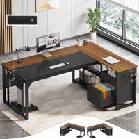 Sikaic Computer Desk 71 in Reversible L Shaped Executive Desk with Power Outlets Walnut Walnut Brown / Engineered Wood / Modern