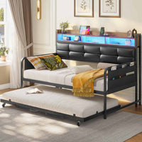 Sikaic Daybeds Twin Daybeds with Trundle and Upholstered Headboard Black Black / Metal / Modern