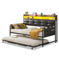 Sikaic Daybeds Twin Daybeds with Trundle and Upholstered Headboard Black Black / Metal / Modern