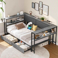 Sikaic Daybeds Twin Size Daybeds with Charging Station and Storage Shelves Grey Grey / Twin / Modern