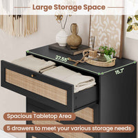 Sikaic Dresser Wooden Tall Dresser with 5 Natural Rattan Drawers and Gold Handles for Nursery Entryway Living Room Black Black / Engineered Wood / Bohemian
