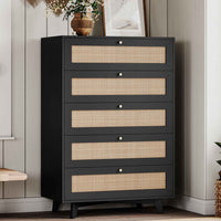 Sikaic Dresser Wooden Tall Dresser with 5 Natural Rattan Drawers and Gold Handles for Nursery Entryway Living Room Black Black / Engineered Wood / Bohemian