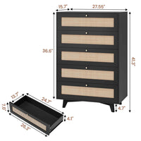 Sikaic Dresser Wooden Tall Dresser with 5 Natural Rattan Drawers and Gold Handles for Nursery Entryway Living Room Black Black / Engineered Wood / Bohemian