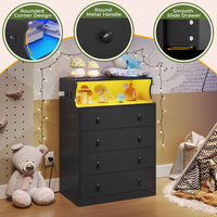 Sikaic Dresser 4 Drawers LED Dresser with Charging Station and Open Space Large Capacity Tall Storage Cabinet Black
