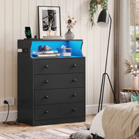 Sikaic Dresser 4 Drawers LED Dresser with Charging Station and Open Space Large Capacity Tall Storage Cabinet Black