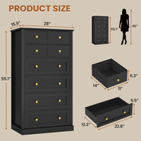 Sikaic Dresser 55.1 Inches High Tall Dresser with 8 Drawers Black Black / Engineered Wood / Modern