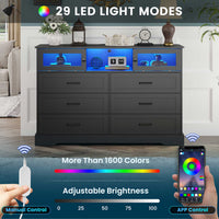 Sikaic Dresser 6 Drawers LED Dresser with Charging Station and 2 Sliding Doors for Bedroom Black Black / Engineered Wood / Modern