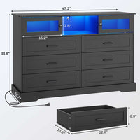 Sikaic Dresser 6 Drawers LED Dresser with Charging Station and 2 Sliding Doors for Bedroom Black Black / Engineered Wood / Modern