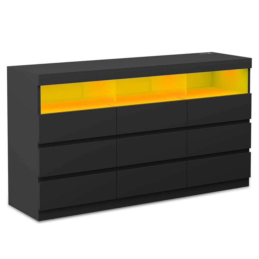Sikaic Dresser Dresser with 9 No-Handle Drawers LED Lights Black Black / Engineered Wood / Modern
