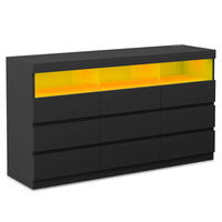 Sikaic Dresser Dresser with 9 No-Handle Drawers LED Lights Black Black / Engineered Wood / Modern