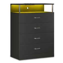 Sikaic Dresser LED Tall Dresser with 4 Drawers Charging Station Black Black / Engineered Wood / Modern