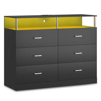Sikaic Dresser LED Wide Dresser with 6 Drawers Charging Station Black Black / Engineered Wood / Modern