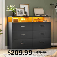 Sikaic Dresser LED Wide Dresser with 6 Drawers Column Design Black Black / Engineered Wood / Modern