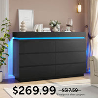 Sikaic Dresser Wide Dresser with LED Lights 6 Drawers Black Black / Engineered Wood / Modern