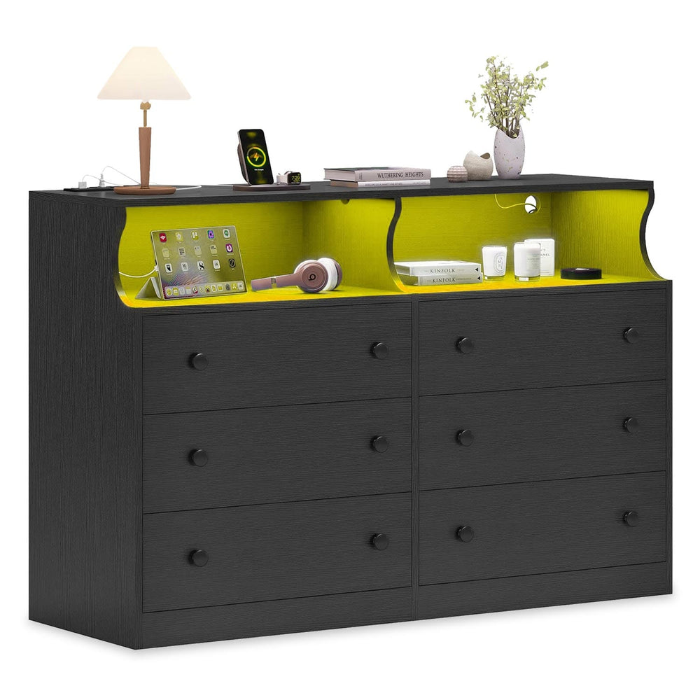 Sikaic Dresser 6 Drawers LED Dresser with Outlets Black Black / Modern