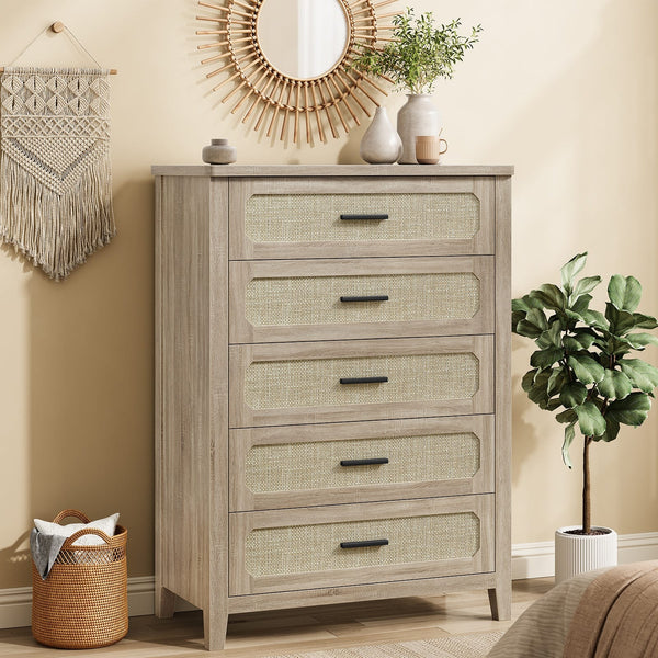 Sikaic Dresser 44 inch Tall Rattan 5 Drawer Dresser Grey Oak Boho