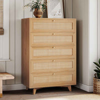 Sikaic Dresser Wooden Tall Dresser with 5 Natural Rattan Drawers and Gold Handles for Nursery Entryway Living Room Natural / Engineered Wood / Bohemian