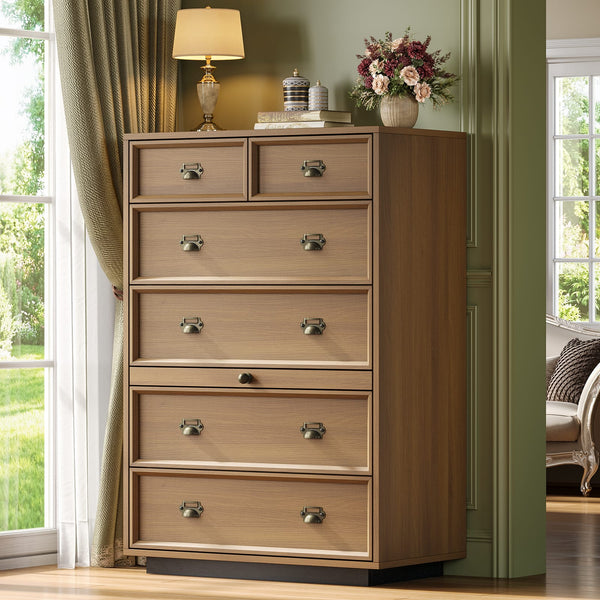 Farmhouse 45.3 inch Tall 6-Drawer Dresser with Pull-Out Shelf Walnut