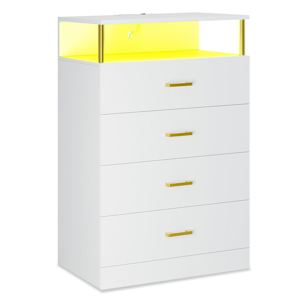 Sikaic Dresser 4 Drawers LED Tall Dresser with Charging Station White White / Engineered Wood / Modern