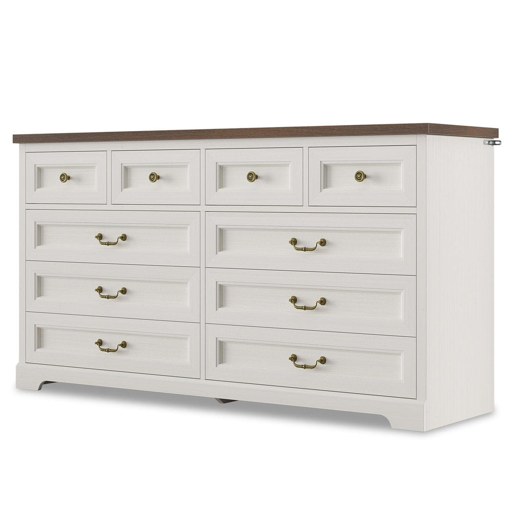 Sikaic Dresser 55 Inches 10 Drawers Dresser with Natural Texture and Vintage Handles White White / Engineered Wood / Modern